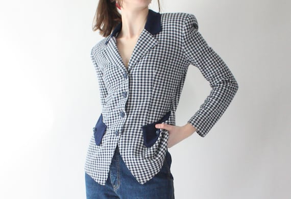 vintage 1980s gingham blazer | navy blue gingham … - image 1