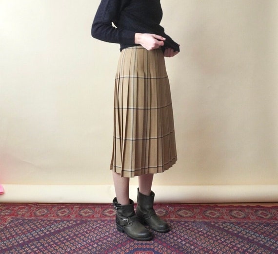 70's Pink and Beige Plaid Long Belted A-Line Midi Skirt by Jh