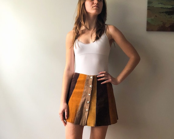 Patchwork Suede 70s Mini Skirt Snap Front Retro S… - image 4