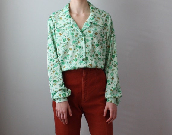 vintage blouse | green floral top | 1970s print s… - image 2