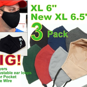 May include: A 3-pack of large, reusable face masks in various colors, including black, green, red, gray, blue, and beige. The masks are made of fabric and have adjustable ear loops, a filter pocket, and a nose wire. The text "XL 6" New XL 6.5" 3 Pack" is visible in the image.  The text "BIG! +3 layers +Adjustable ear loops +Filter Pocket +Nose Wire" is also visible in the image.