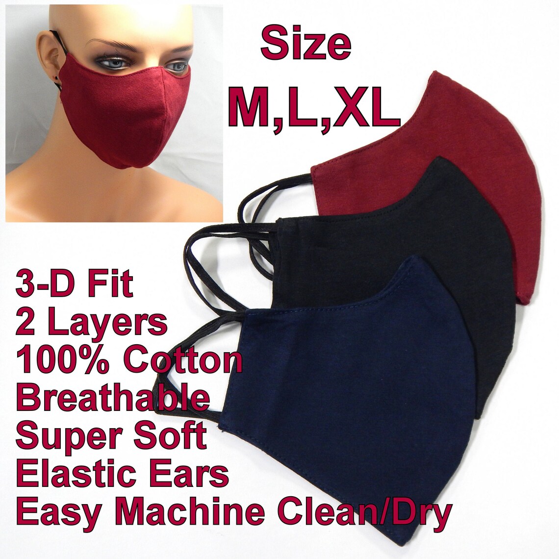 Pack of 3 Face Masks Easy Breathing 2 Layers adult / Big kids Etsy