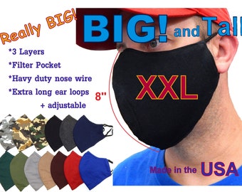 XXL Extra Large Big and Tall Beard Face Mask 3 Layers Men Cotton Fabric with nose wire  Filter Pocket + adjustable ear