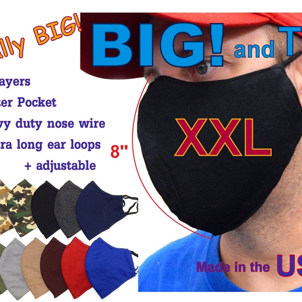 XXL Extra Large Big and Tall Beard Face Mask 3 Layers Men Cotton Fabric with nose wire  Filter Pocket + adjustable ear