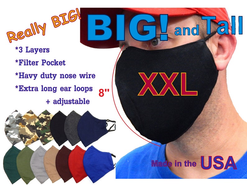 XXL Extra Large Big and Tall Beard Face Mask 3 Layers Men Cotton Fabric with nose wire  Filter Pocket + adjustable ear 