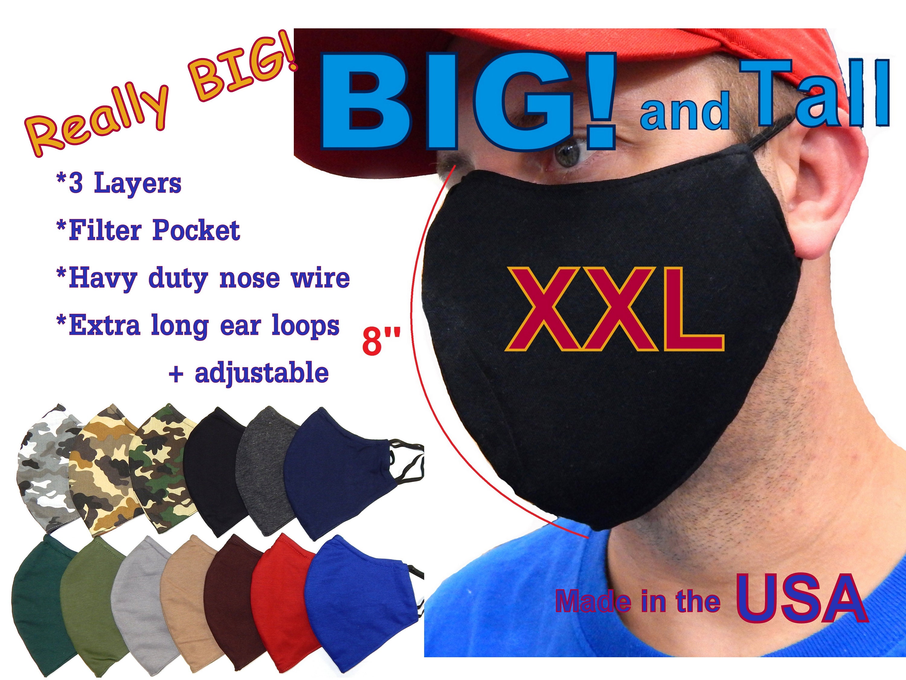 XXL Extra Large Big and Tall Beard Mask 3 Layers Men Face Mask Cotton…