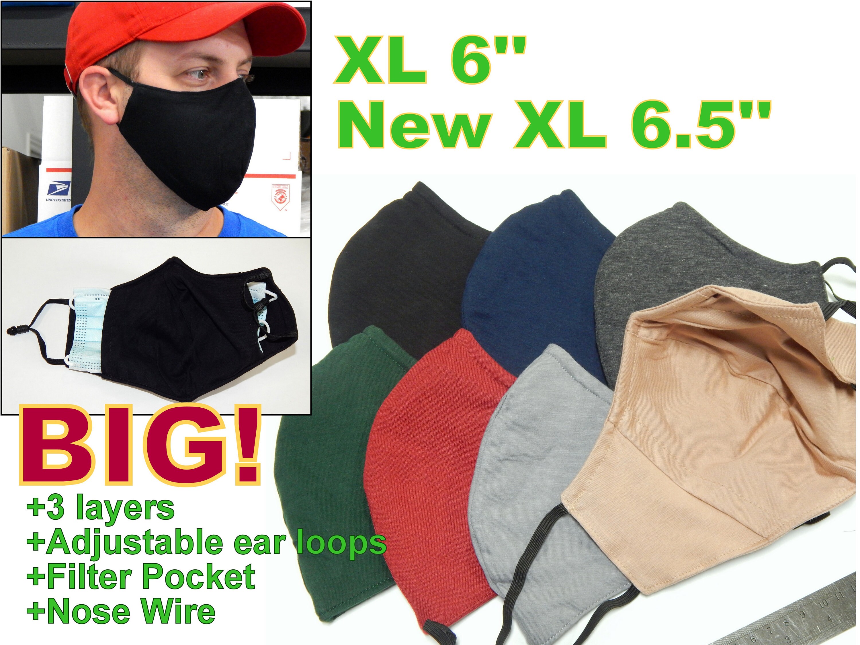 XL X Large Cloth adult Men Face Mask 3D 3 Layer Cotton Fabric with no…