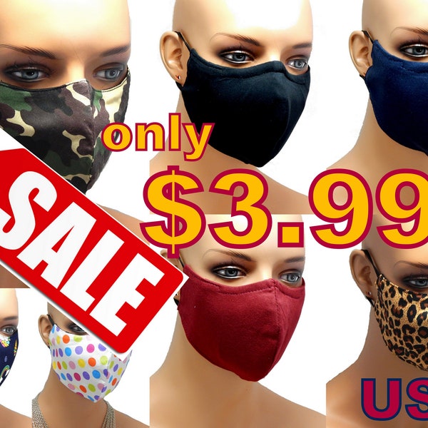 Size L Large Fits Men Women Cotton Face Mask 3 layers 3D with Nose Wire filter Pocket / Carbon Filters & adjustable ear loops option