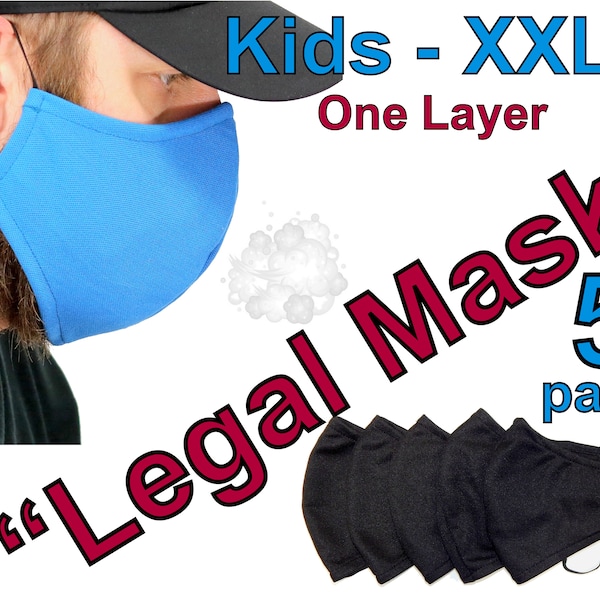 Legal mask 5 Pack Single Layer 3D Face Mask Thin Breathable Adult NOT gauze Muslin looks solid super comfortable adj ears Kids /L / XL / XXL