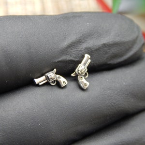925 Sterling Silver Tiny hand handgun weapon Stud Earrings