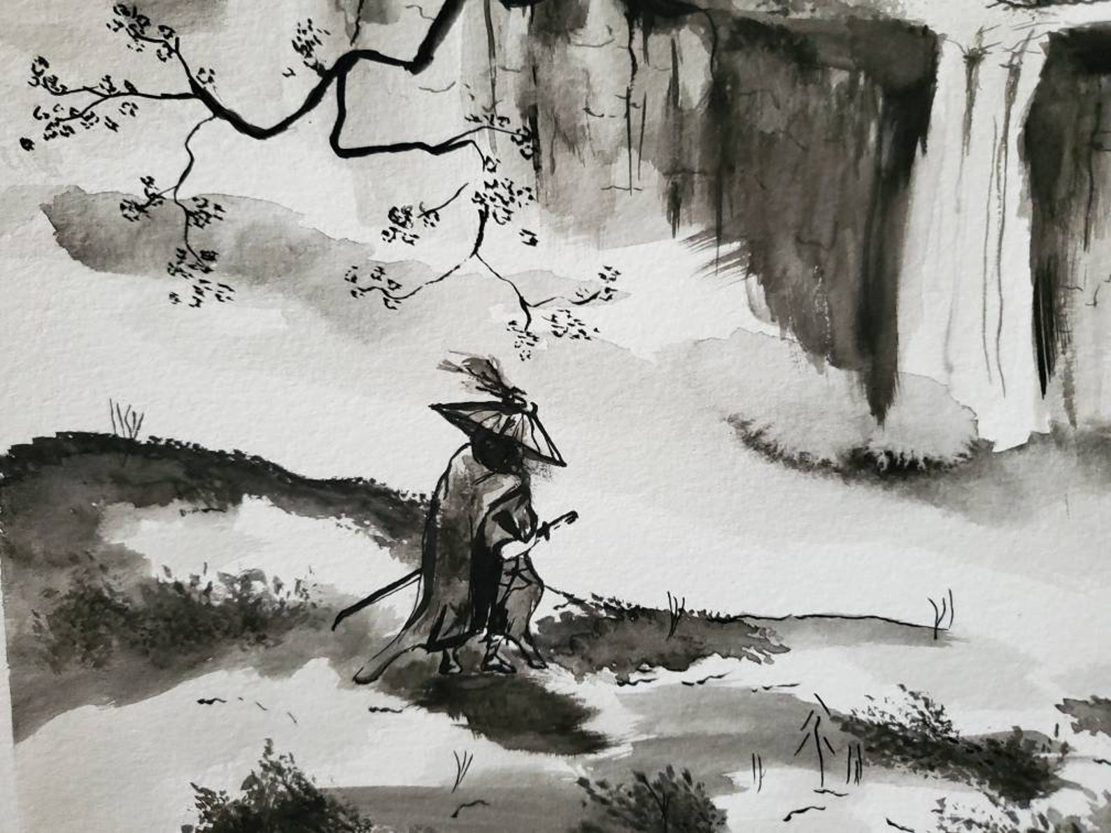 Sumi-e landscape and samurai painting ink painting original | Etsy