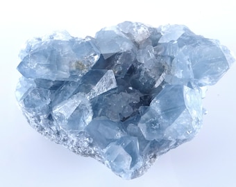 May include: A large cluster of celestite crystals, with a light blue color and a translucent appearance. The crystals are arranged in a random pattern, creating a unique and beautiful display.