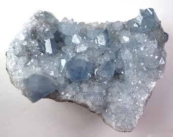 May include: A cluster of blue celestite crystals on a white matrix. The crystals are translucent and have a glassy luster.