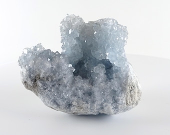 May include: A cluster of light blue celestite crystals, with a rough, gray base. The crystals are clustered together, creating a textured surface. The overall shape is irregular, with a hollowed-out center.