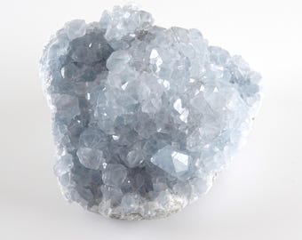 May include: A cluster of light blue celestite crystals. The crystals have a faceted, geometric shape and are clustered together in a rounded formation. The overall color is a soft, pale blue with a crystalline texture.