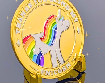 Gold Unicorn & Rainbow "Outstanding Friend" 2" Detailed Metal Coin + Linen Case
