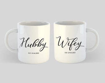 Personalised Hubby & Wifey Mugs | His and Hers Gift, Couple Mugs, Husband and Wife, Wedding date