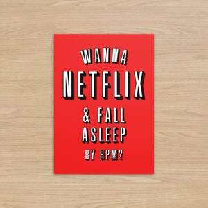 Netflix y quedarse dormido a las 8 p. m., tarjeta de Netflix y relajarse, tarjeta de aniversario divertida, tarjeta de cumpleaños para novio/novia, día de San Valentín