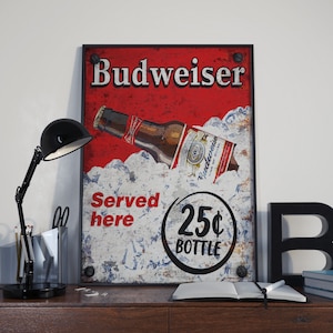 Budweiser Retro Bar Sign: 25 Cent Beer Bottle Artwork