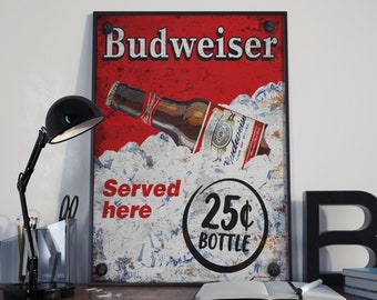 Budweiser Bar Sign Retro Style Artwork | Budwieser beer poster | Kitchen, Man Cave, Bar decor | Home decor Gift