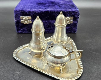 Vintage EPNS Cruet Set en bandeja sal pimienta mostaza olla en caja