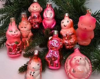 Vintage Christmas Ornaments in Pink Pretty Glass Antique Ukrainian Decorations