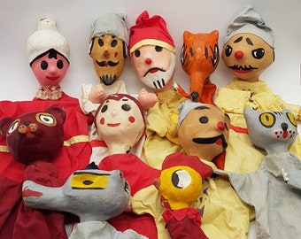 Rare Vintage Hand Puppets Papier Mache Kids Theatre 11 Characters