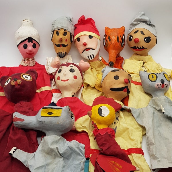 Marionnettes à main vintage rares en papier mâché, théâtre pour enfants, 11 personnages