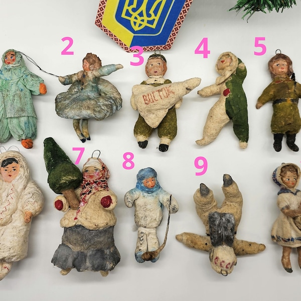 Traditional Characters Cotton Spun Christmas Ornaments Vintage Decorations Rare