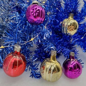 Vintage Set of 5 Colourful Baubles Christmas Decorations Glass Ornaments