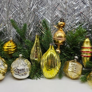 Vintage Christmas Gold Forms Shapes Ornaments Glass Antique Unusual Decorations