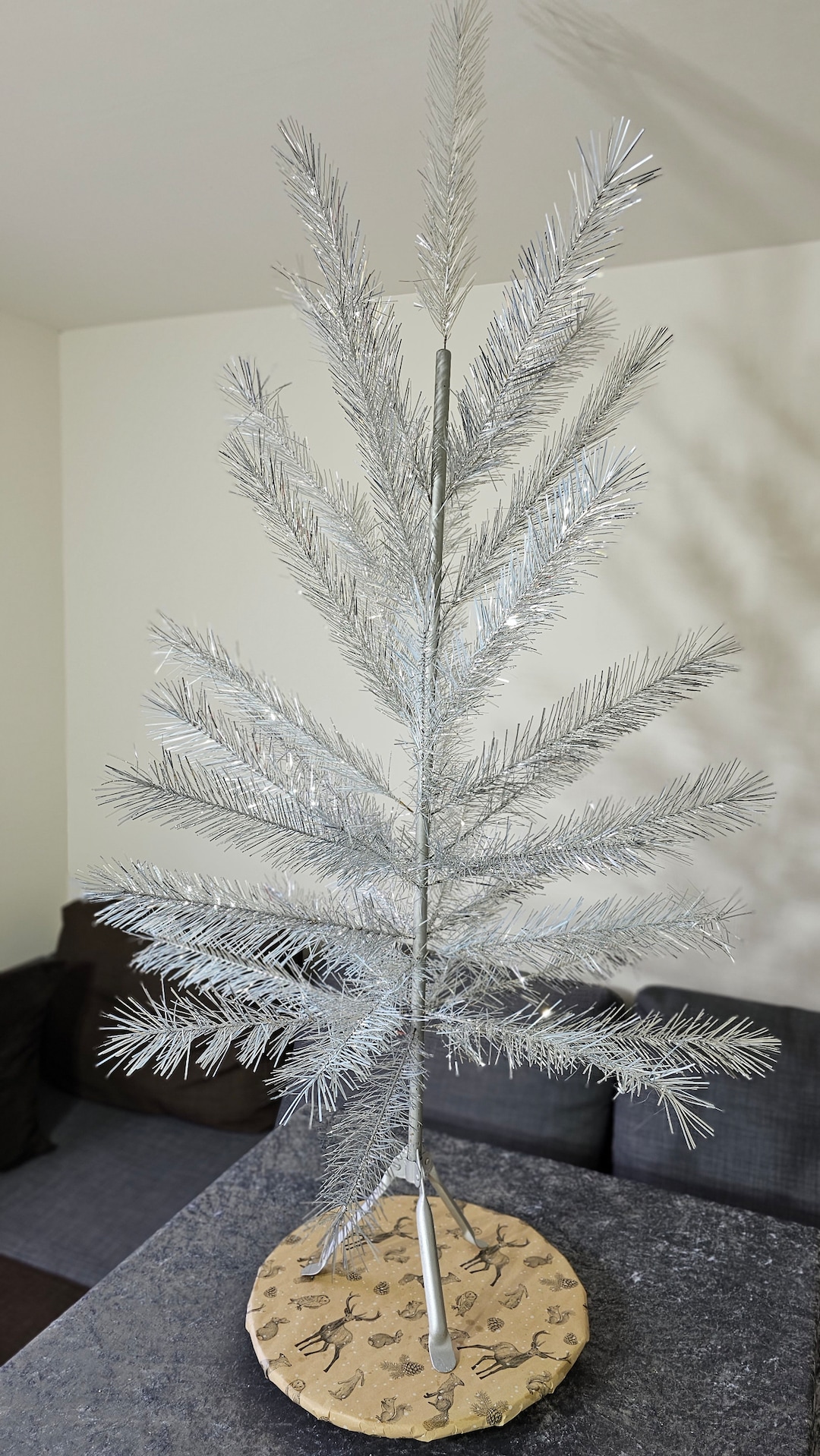 Vintage Silver Aluminium Christmas Tree Wood Framed Antique 140cm 55in