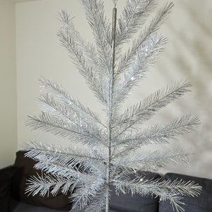 Vintage Silver Aluminium Christmas Tree Wood Framed Antique 140cm 55in