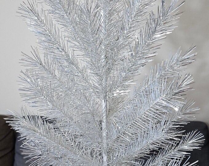 Vintage Silver Aluminium Christmas Tree Wood Framed Antique 120cm 4ft