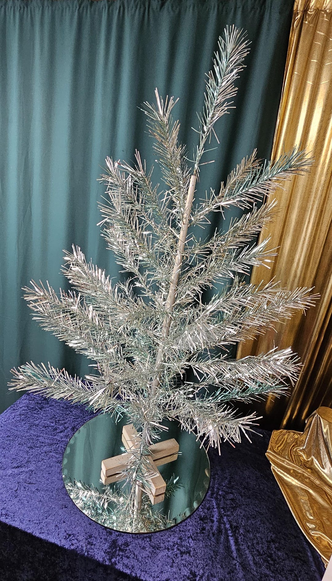 Vintage Silver Aluminium Christmas Tree Wood Framed Antique 122cm 4ft ...