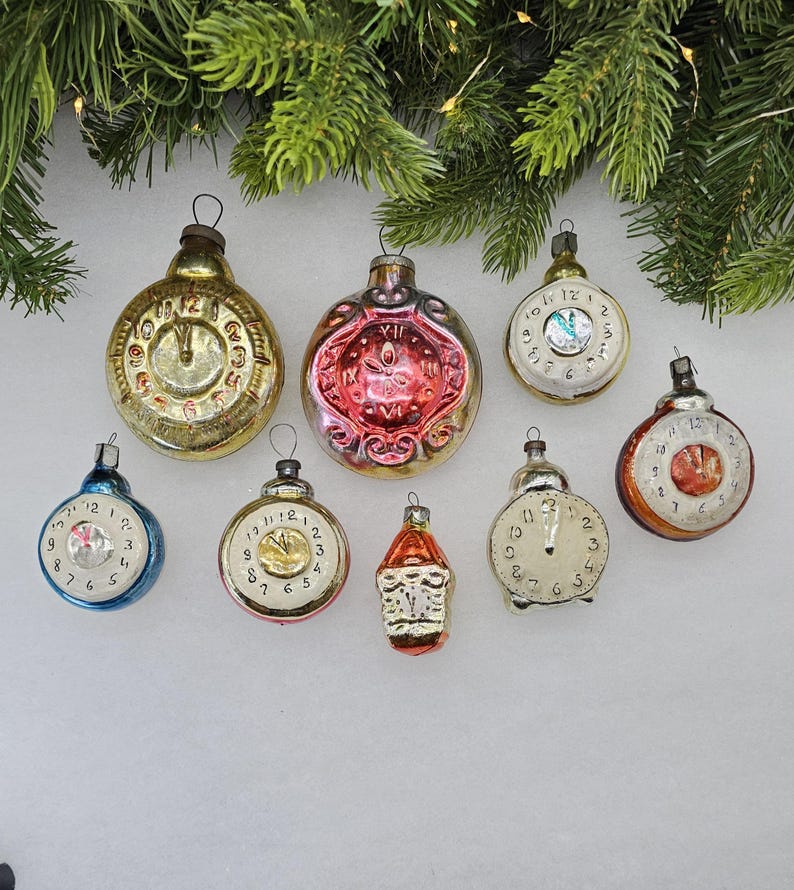 Tick Tock Christmas Clocks Vintage Ornaments Glass Antique Decorations