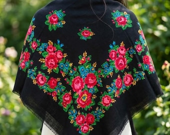 Vintage Black Floral Scarf – Retro Headscarf – Elegant Botanical Print – 1970s Style – Imperfect Beauty