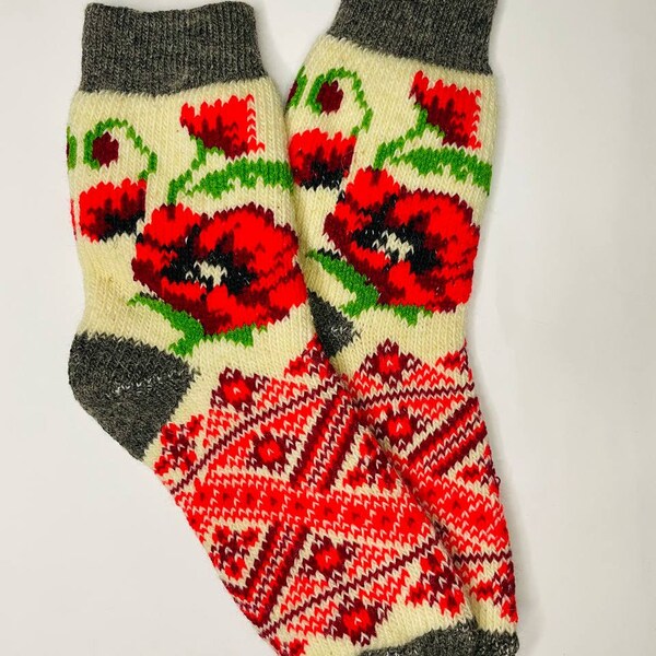 Knitted socks with Ukrainian ornaments. Socks made of wool, handmade, warm and bright socks, natural socks. Socks for a gift