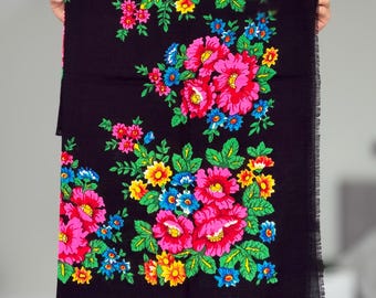 Vintage Black Floral Scarf – Retro Headscarf – Elegant Botanical Print – 1970s Style – Imperfect Beauty