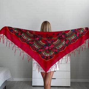 Large Red Floral Wool Scarf: Vintage Baba Shawl with Tassels
