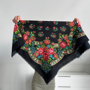 Vintage 1970s Wool Floral Scarf: Retro Black Babushka Shawl