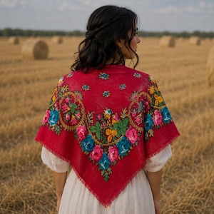 Peut inclure: Un châle carré rouge orné d'un motif floral vibrant avec des fleurs bleues, roses, jaunes et vertes. Le châle présente une finition en tissu texturé et un bord frangé, drapé sur un vêtement blanc, mettant en valeur un design botanique détaillé.
