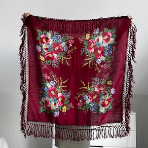 Vintage Floral Viscose Scarf: Burgundy Babushka Shawl with Tassels