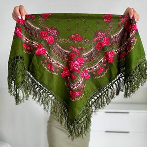 Vintage Green Floral Scarf – Asymmetrical Print – Rare Retro Accessory – Botanical Shawl – 1980s