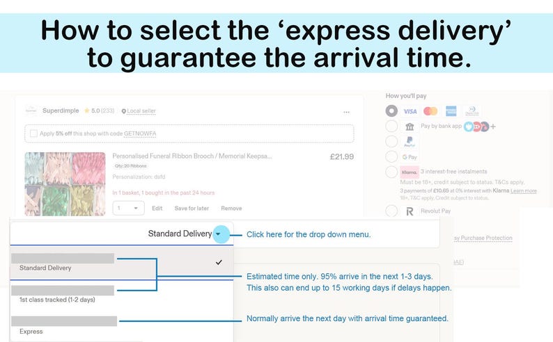 May include: Screenshot showing how to select express delivery. The text reads, "How to select the 'express delivery' to guarantee the arrival time." The image highlights the drop-down menu for delivery options.