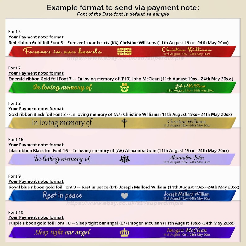 May include: Image showcasing examples of memorial ribbons in various colors, including red, green, gold, lilac, royal blue, and purple. Each ribbon features gold foil text with phrases like "Forever in our hearts" and "Rest in peace."