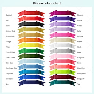 May include: A color chart of ribbons, featuring a variety of shades. The chart includes colors like red, black, gold, orange, yellow, green, blue, and purple. Each ribbon is labeled with its corresponding color name, such as "Cardinal," "Red," and "Magenta."