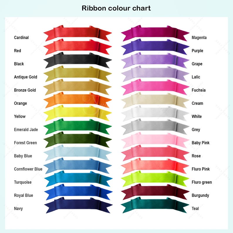 May include: A color chart of ribbons, featuring a variety of shades. The chart includes colors like red, black, gold, orange, yellow, green, blue, and purple. Each ribbon is labeled with its corresponding color name, such as "Cardinal," "Red," and "Magenta."