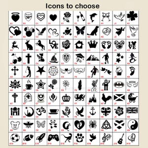 May include: A grid of black and white icons to choose from, including hearts, animals, symbols, and text. The text "Icons to choose" is at the top. Each icon is labeled with a letter and number combination.