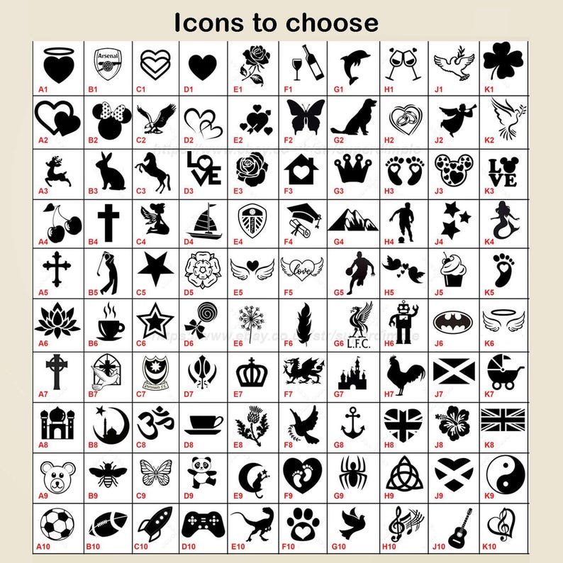 May include: A grid of black and white icons to choose from, including hearts, animals, symbols, and text. The text "Icons to choose" is at the top. Each icon is labeled with a letter and number combination.